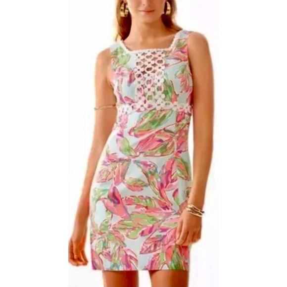 Lilly Pulitzer Sleeveless Dress Palm Print Eyelet Detail Cotton Blend size 4 - Picture 1 of 11